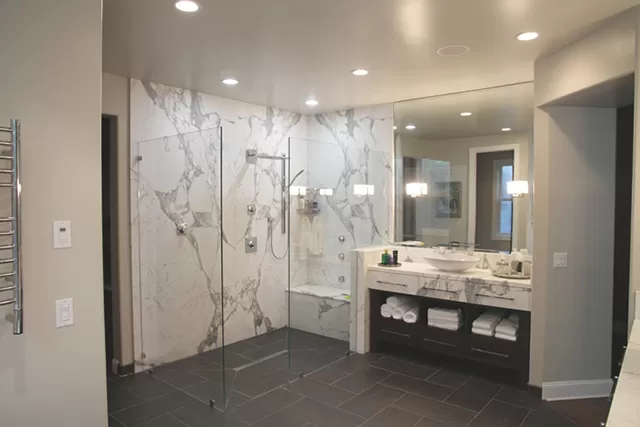 bathroom marble counter and shower
